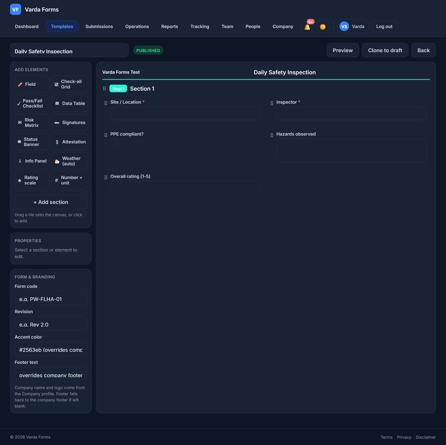 Varda Forms drag-and-drop form builder: an element palette with fields, check-all grids, pass/fail checklists, data tables, risk matrices, signatures and more, beside a live form canvas with sections and required fields
