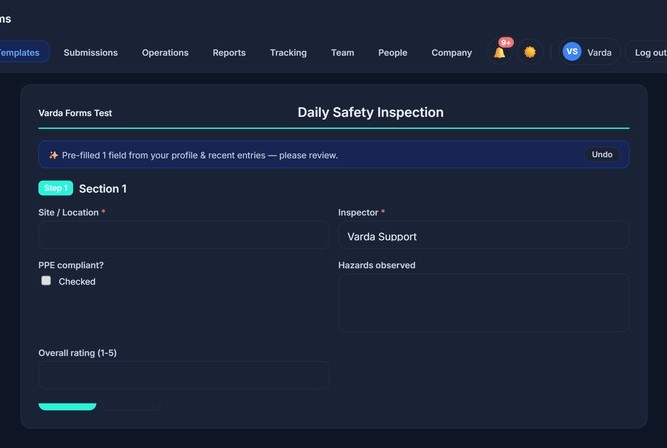 Varda Forms field capture: a Daily Safety Inspection being completed with pre-filled fields, checkboxes and a rating scale — the same form works offline on any device and syncs when back in coverage